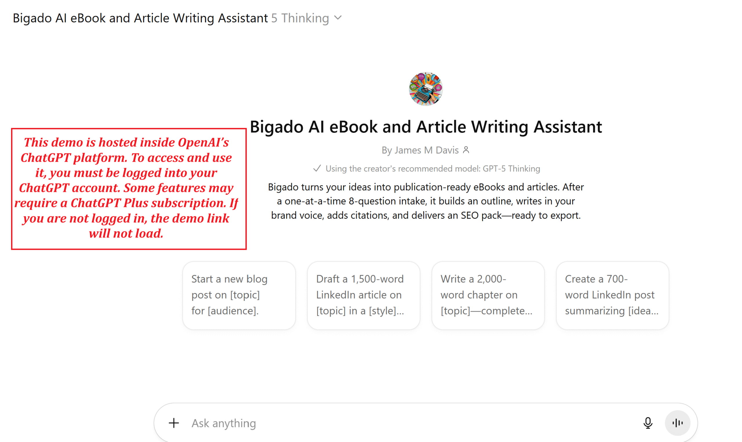 Live demo — Bigado AI eBook & Article Writing Assistant